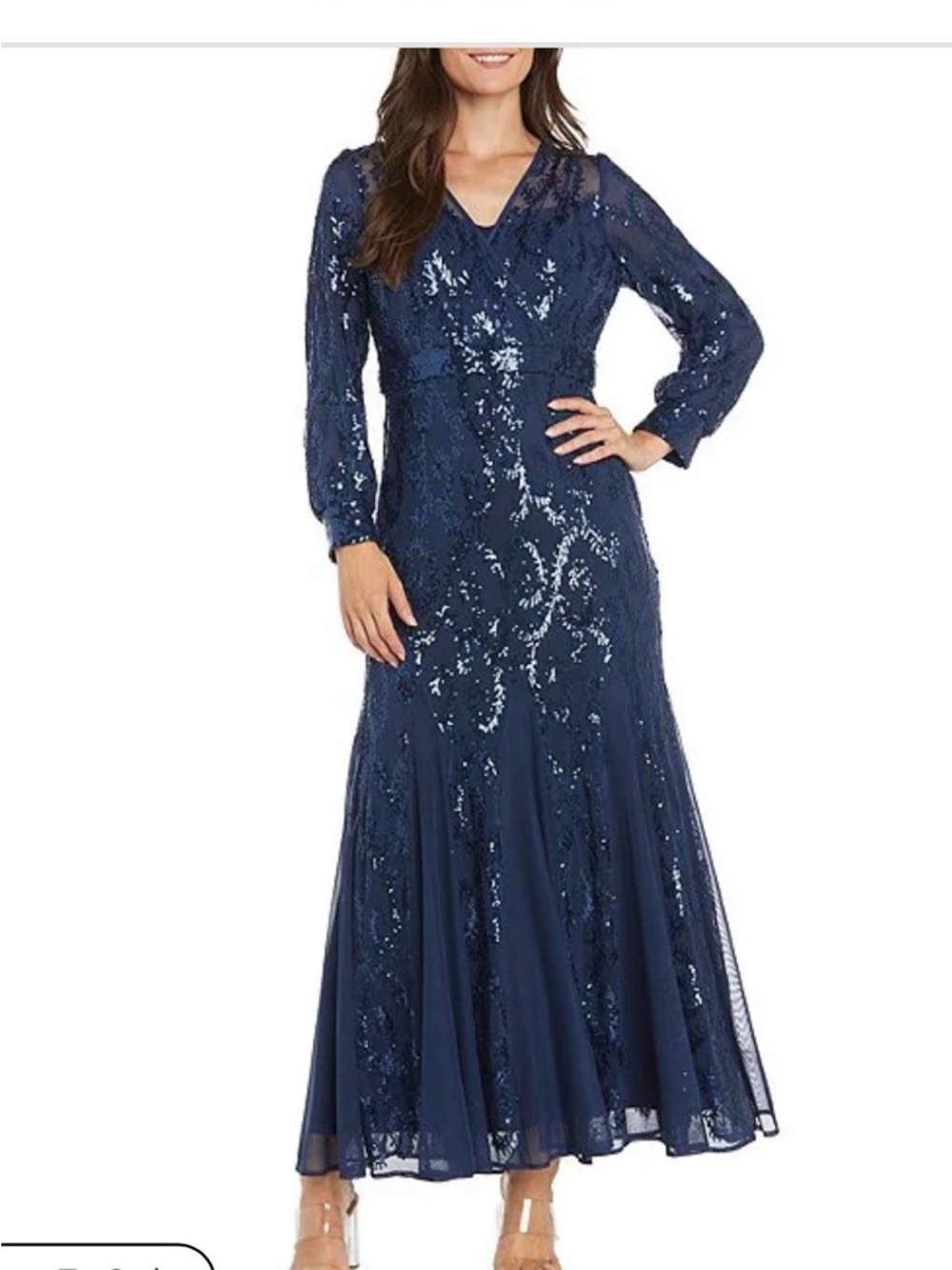 RNavy Sequin Long Sleeve V-Neck Dress